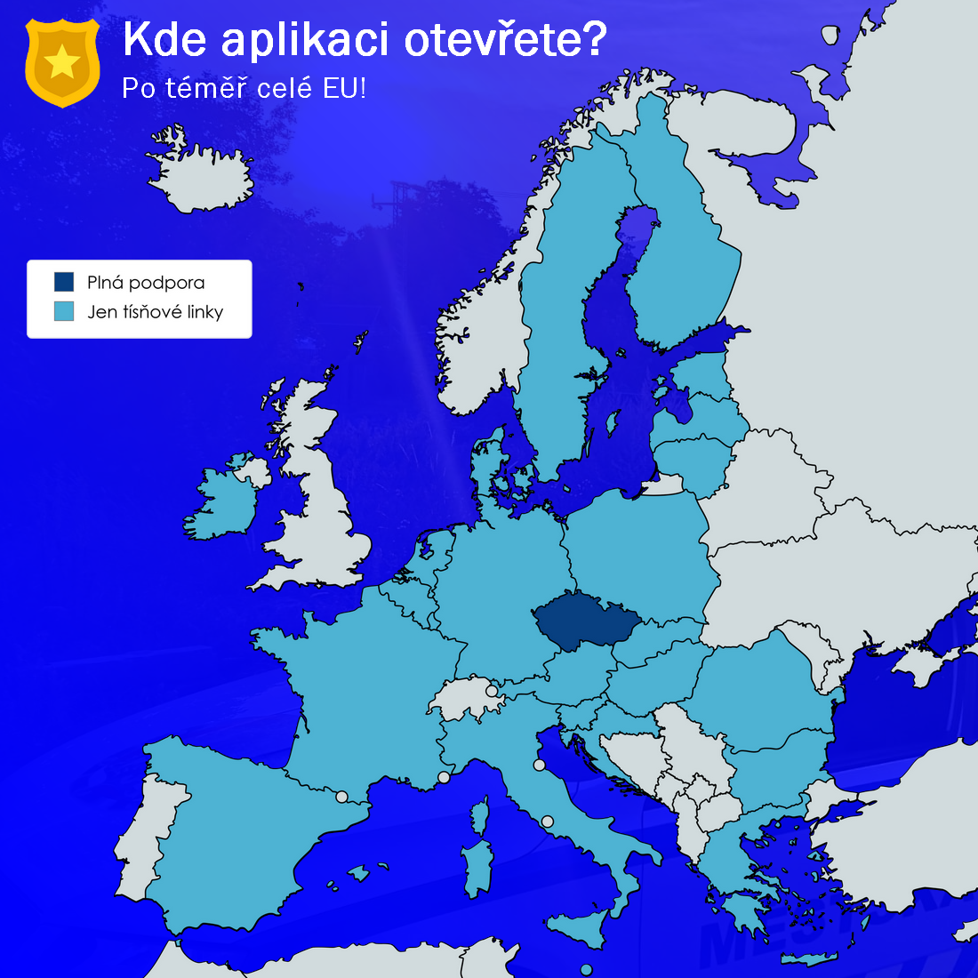 Mapa dostupnosti aplikace v EU